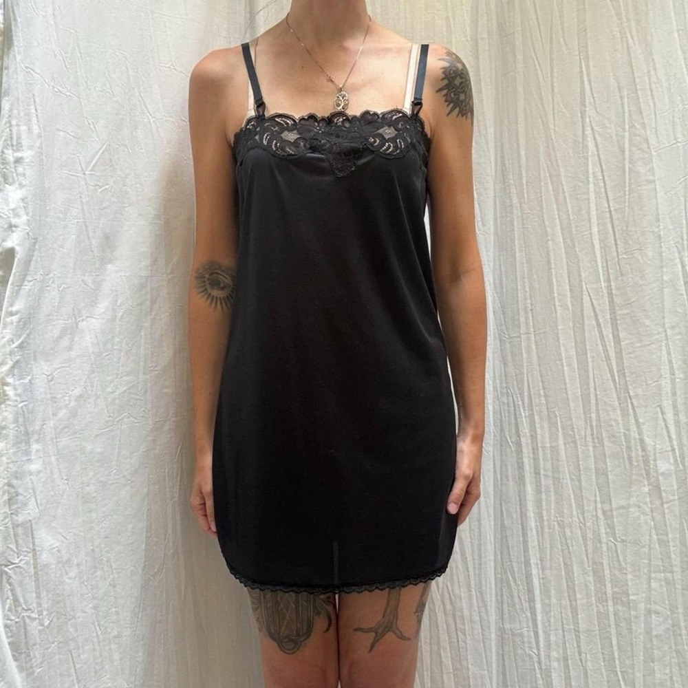 Vintage 70s Sears Black Lace Trim Mini Slip Dress Nighty Neglige 80s Nylon XS/S